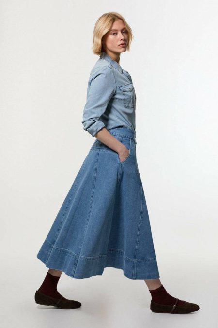 Petite Denim High Waist Full Midi Skirt Mid Blue Karen Millen Skirts Women