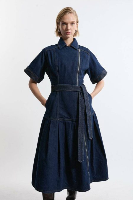 Petite Denim Pleated Hem Biker Dress Women Denim Karen Millen Dark Wash