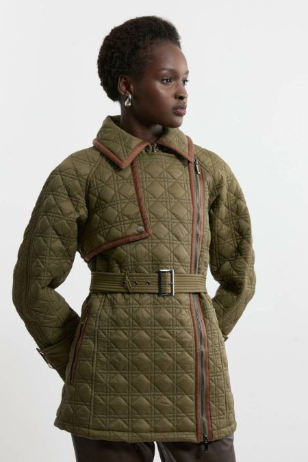 Petite Diamond Quilted Belted Short Puffer Pu Tab Trench Jacket Khaki Belted Coats & Jackets Women Karen Millen