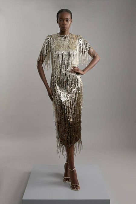 Petite Embellished And Beaded Tassel Woven Maxi Dress Gold Karen Millen Women Tailoring