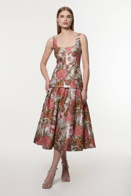 Petite Floral Jacquard Strappy Full Skirted Tailored Maxi Dress Women Karen Millen Maxi Dresses Floral