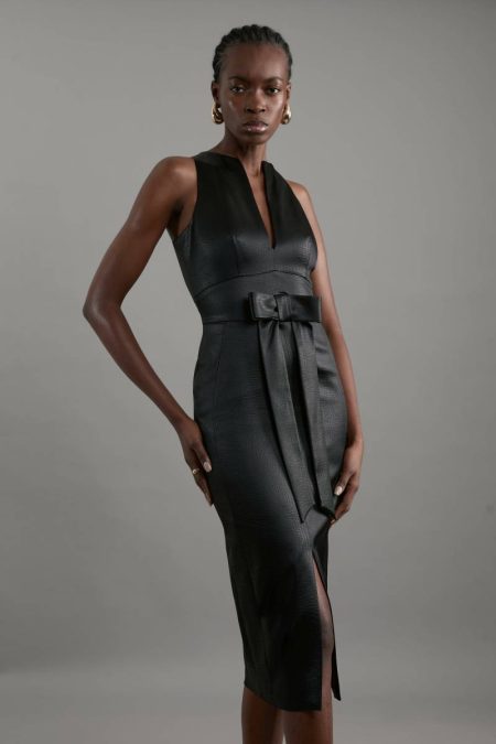 Petite Italian Structured Satin Bow Detail Tailored Midi Dress Tailoring Women Karen Millen Black