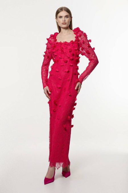 Petite Lace Petal Applique Woven Midi Dress Tailoring Raspberry Women Karen Millen