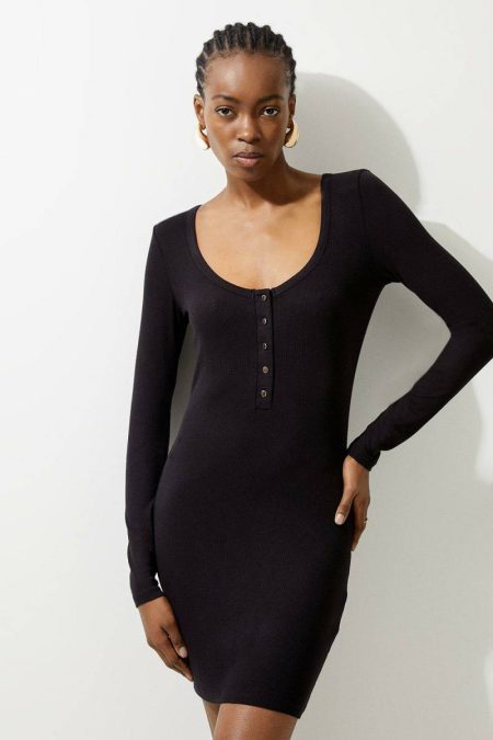 Petite Lux Viscose Rib Jersey Scoop Neck Mini Dress Tailoring Black Karen Millen Women