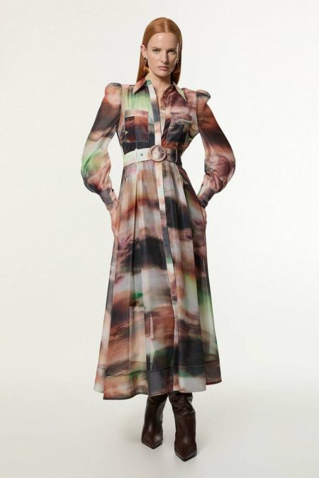 Petite Marbled Organdie Belted Woven Midi Dress Karen Millen Women Midi Dresses Multi
