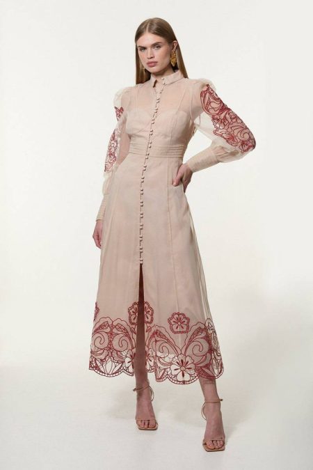 Petite Organdie Embroidered Woven Midi Dress Midi Dresses Women Cream Karen Millen