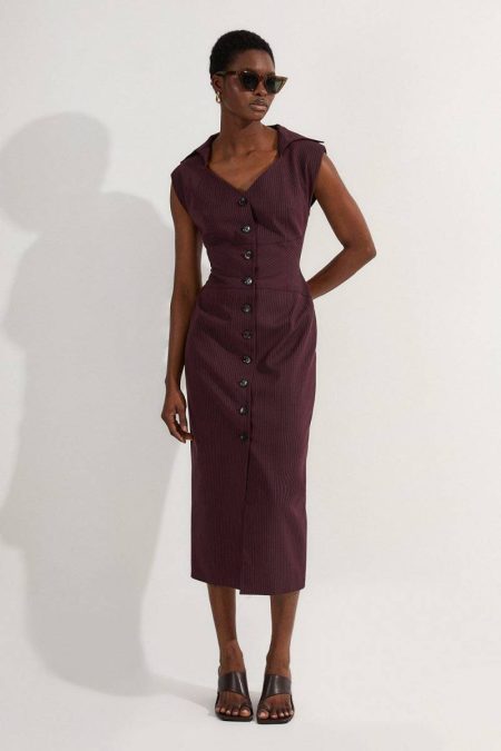 Petite Pinstripe Corseted Tailored Pencil Midi Dress Midi Dresses Women Merlot Karen Millen