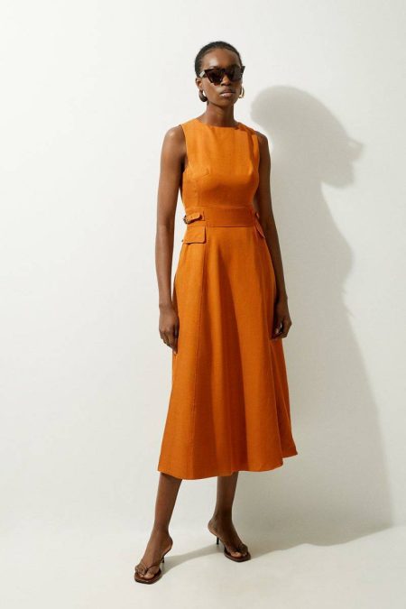 Petite Premium Linen Tab Waist Detail Full Skirt Tailored Midi Dress Tan Women Karen Millen Tailoring
