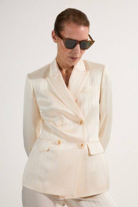 Petite Premium Satin Pinstripe Tuxedo Oversized Tailored Blazer Karen Millen Tailoring Ivory Women