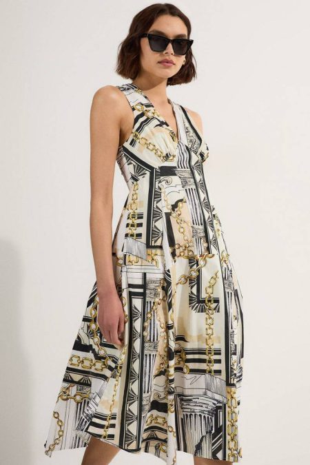 Petite Roma Print Cotton Sateen Dipped Hem Woven Midi Dress Multi Women Karen Millen Midi Dresses