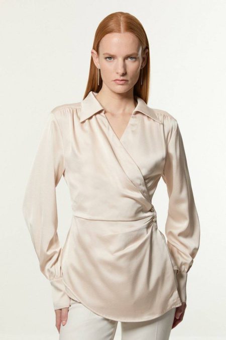 Petite Satin Back Crepe Pearl Detail Wrap Blouse Tailoring Champagne Karen Millen Women