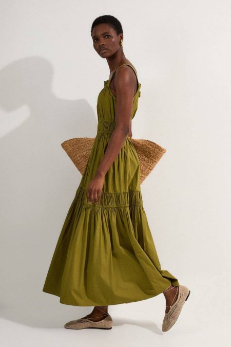 Petite Shirred Cotton Tiered Woven Strappy Maxi Dress Maxi Dresses Karen Millen Women Khaki