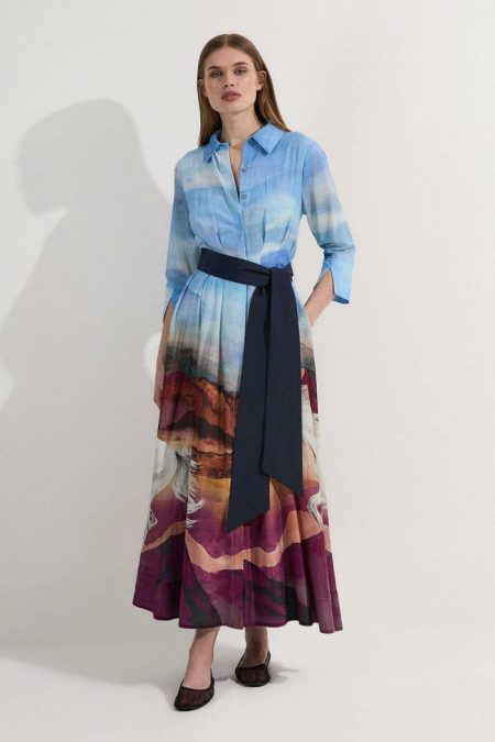 Petite Silk Cotton Stallion Print Woven Belted Maxi Shirt Dress Blue Women Maxi Dresses Karen Millen