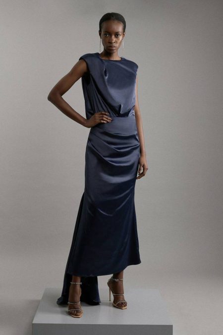 Petite Sleeveless Satin Drape Woven Midaxi Dress Karen Millen Tailoring Women Navy
