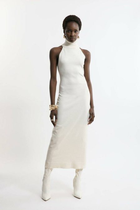 Petite Sleeveless Viscose Blend Turtleneck Knit Midaxi Dress Ivory Women Tailoring Karen Millen
