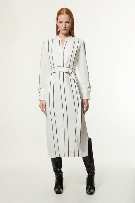 Petite Soft Tailored Contrast Tipped Belted Midaxi Dress Ivory Women Karen Millen Maxi Dresses
