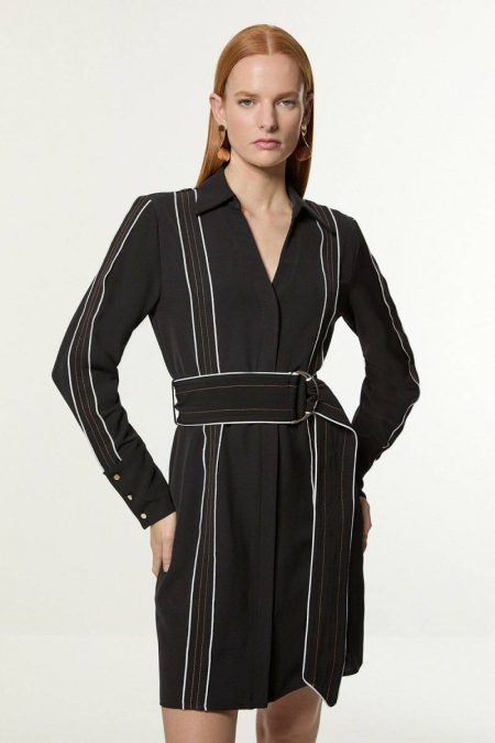Petite Soft Tailored Contrast Tipped Belted Wrap Mini Dress Mini Dresses Karen Millen Women Black