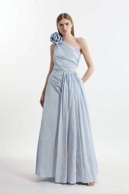 Petite Taffeta Rosette Neck Tailored Pleat Gathered Maxi Dress Pale Blue Women Karen Millen Maxi Dresses