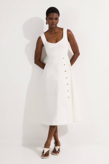 Petite Tailored Denim Sleeveless Full Skirted Midi Dress Karen Millen Midi Dresses Women Ivory