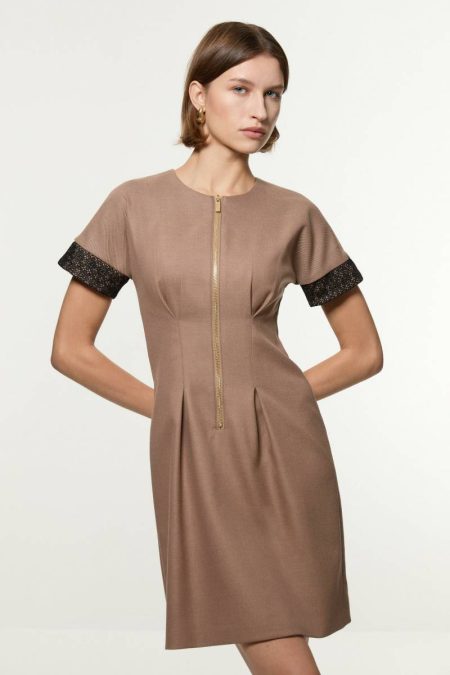 Petite Tailored Twill Lace Mix Zip Front Mini Dress Taupe Women Tailoring Karen Millen