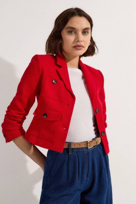 Petite Textured Tweed Cropped Tailored Jacket Tailoring Women Red Karen Millen