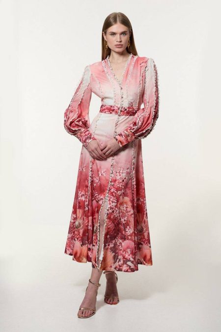 Petite Trailing Floral Woven Plunge Balloon Sleeve Maxi Dress Karen Millen Maxi Dresses Women Pink