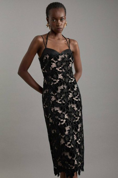 Petite Velvet Cutwork Lace Detail Strappy Midi Dress Black Women Karen Millen Tailoring