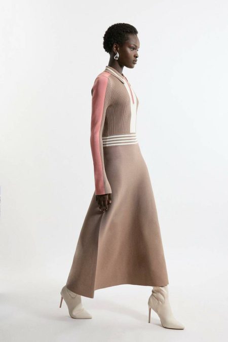 Petite Viscose Blend Color Block Knit Midaxi Dress Tailoring Women Neutral Karen Millen
