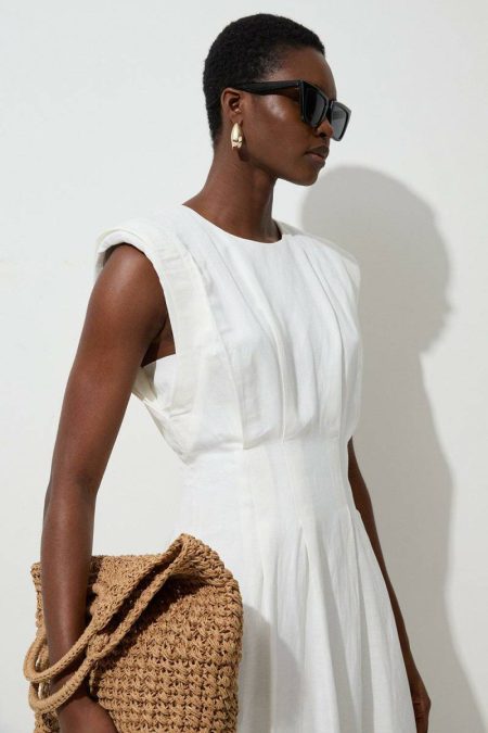 Petite Viscose Linen Woven Pintuck Midi Dress Women Karen Millen Midi Dresses White