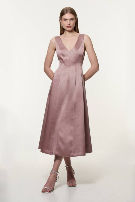 Petite Viscose Satin Structured Tailored Seam Detail Midi Dress Blush Karen Millen Tailoring Women
