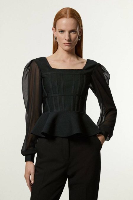 Pink Karen Millen Women Knitwear Figure Form Bandage Knit Frill Edge Top