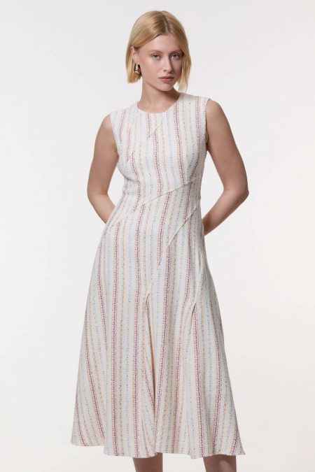 Pink Karen Millen Women Premium Woven Stripe Tailored A-Line Midi Dress Midi Dresses