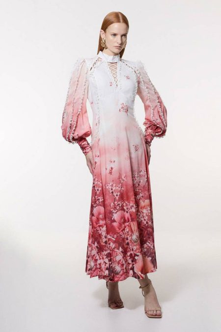 Pink Maxi Dresses Karen Millen Trailing Floral Woven High Neck Maxi Dress Women