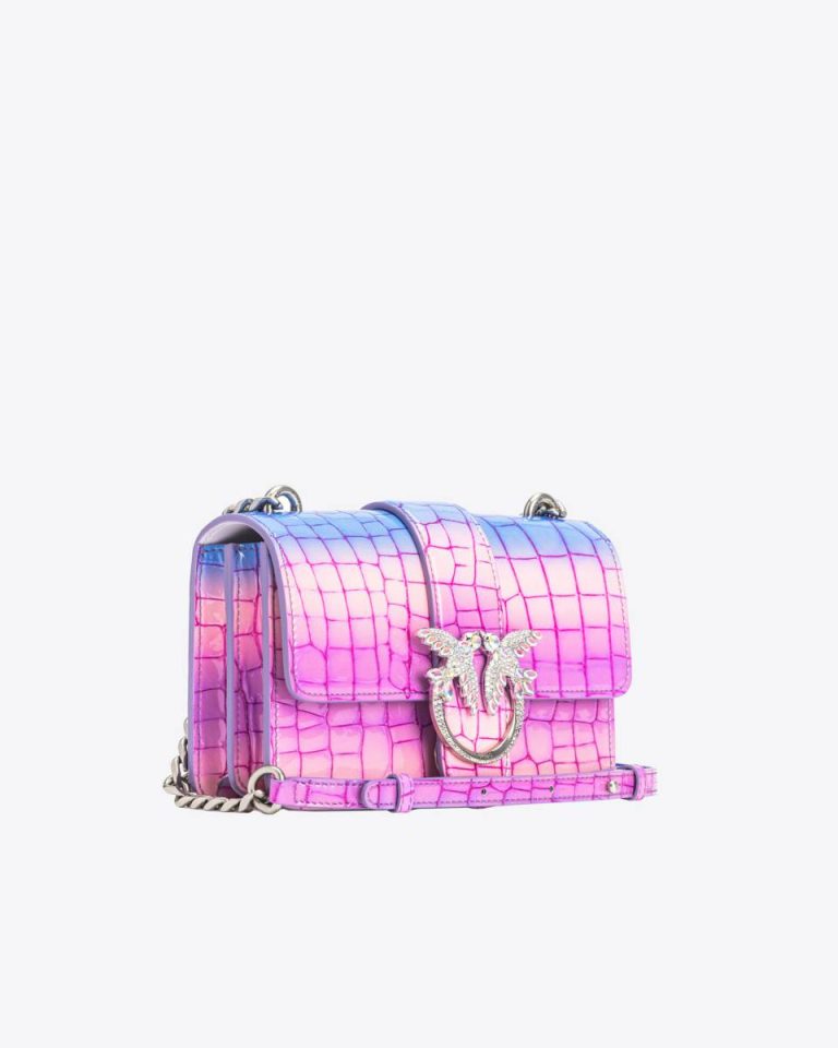 Pink/Purple-Old Silver Pinko Galleria Mini Love Bag One In Shiny Fade-Effect Croc-Print Leather Leather Goods - Image 3