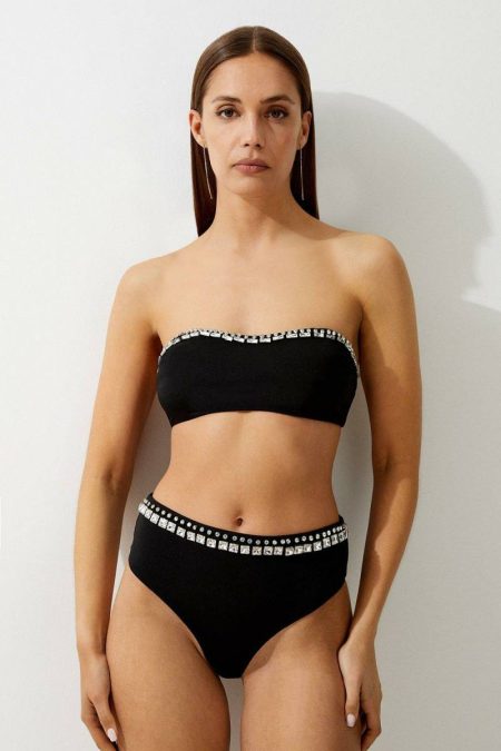 Pink Swimwear Premium Embellished High Waist Bikini Bottoms Women Karen Millen