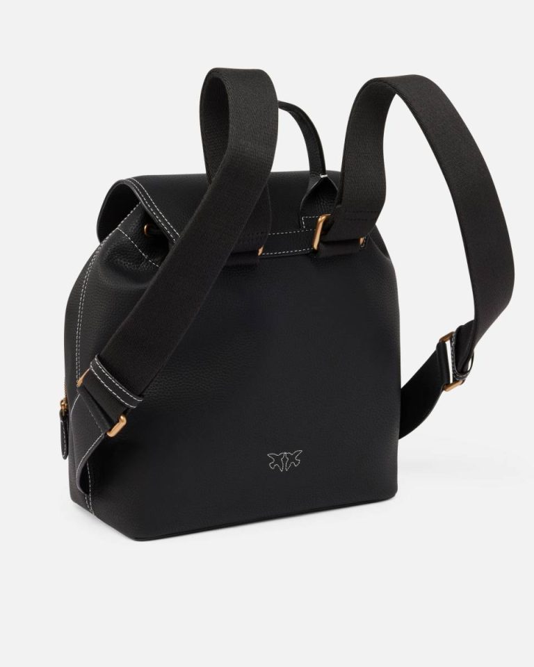 Pinko Backpacks Multi-Pocket Backpack In Tumbled Leather Black-Antique Gold - Image 2