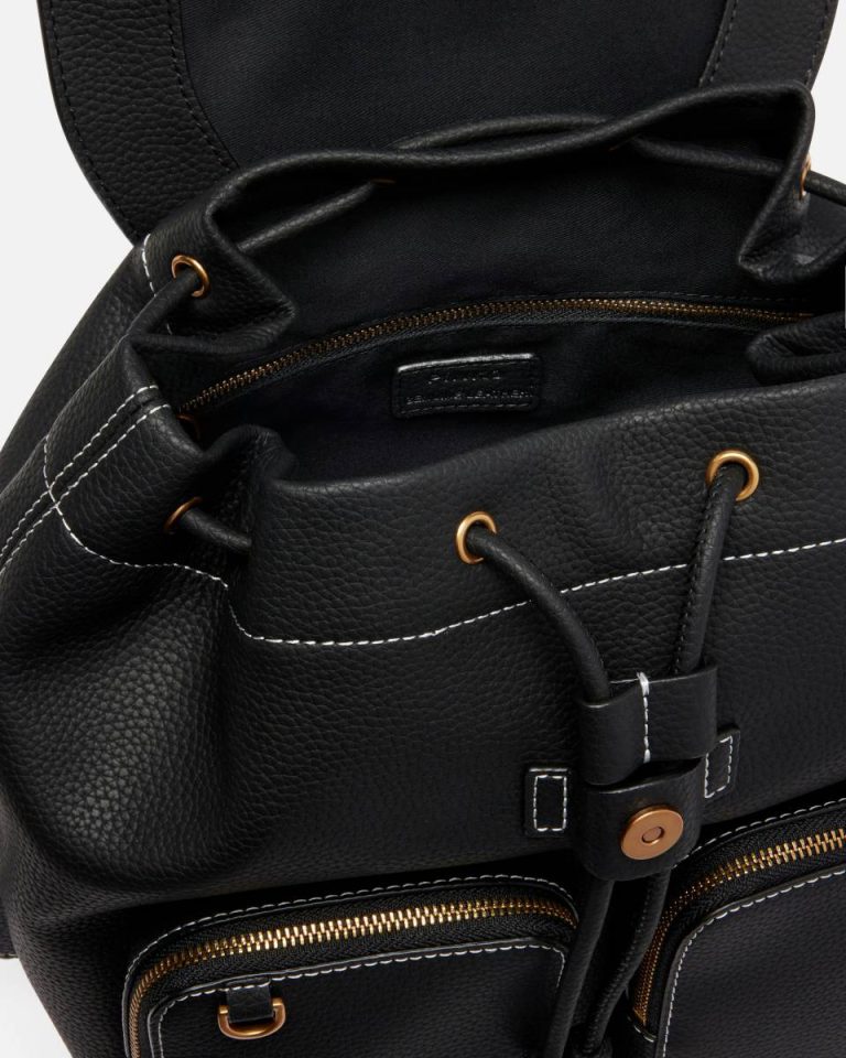 Pinko Backpacks Multi-Pocket Backpack In Tumbled Leather Black-Antique Gold - Image 4