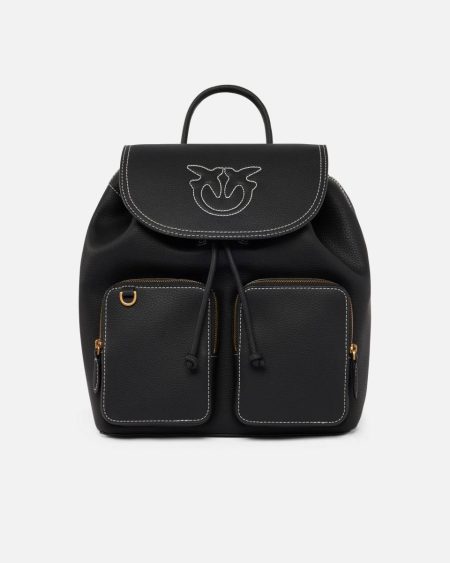 Pinko Backpacks Multi-Pocket Backpack In Tumbled Leather Black-Antique Gold