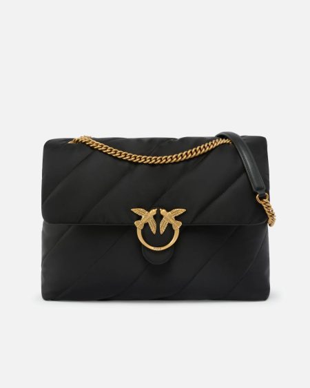 Pinko Black-Antique Gold Shoulder Bags Large Quilted Recycled Fabric Love Bag