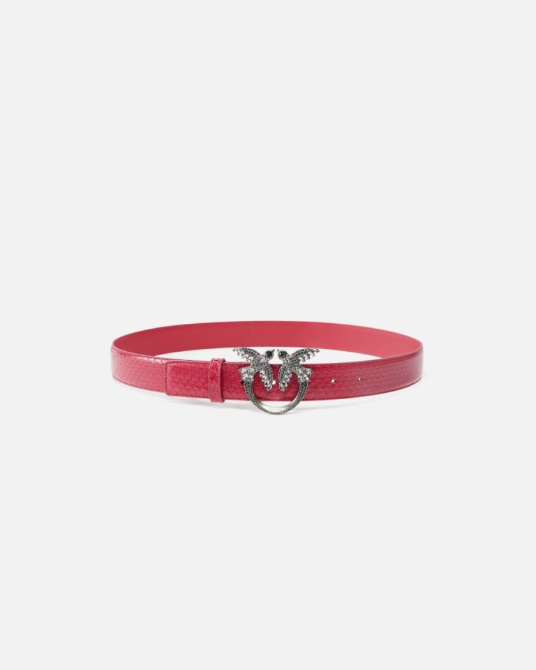 Pinko Galleria 3-Cm Belt In Glossy Python Skin Belts Fuchsia-Cactus Flower-Old Silver