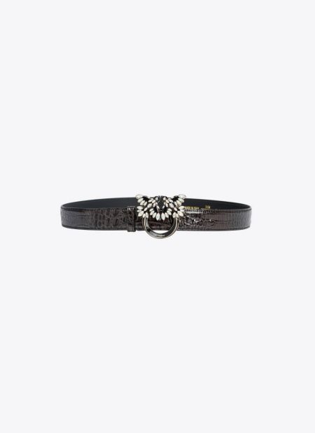 Pinko Galleria 3Cm Croc-Print Belt With Love Birds Buckle Belts Black-Light Gold