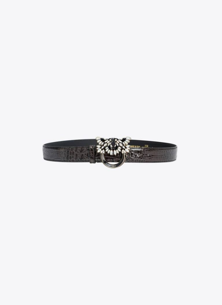 Pinko Galleria 3Cm Croc-Print Belt With Love Birds Buckle Belts Black-Light Gold