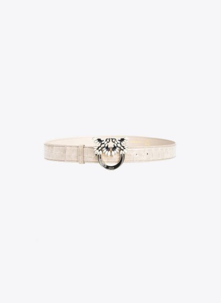 Pinko Galleria 3Cm Shiny Croc-Print Belt With Love Birds Buckle Sand-Light Gold Belts