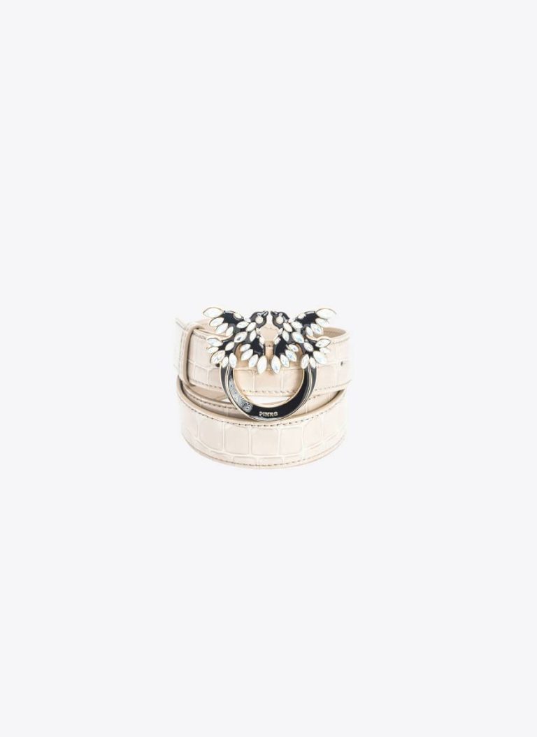 Pinko Galleria 3Cm Shiny Croc-Print Belt With Love Birds Buckle Sand-Light Gold Belts - Image 5