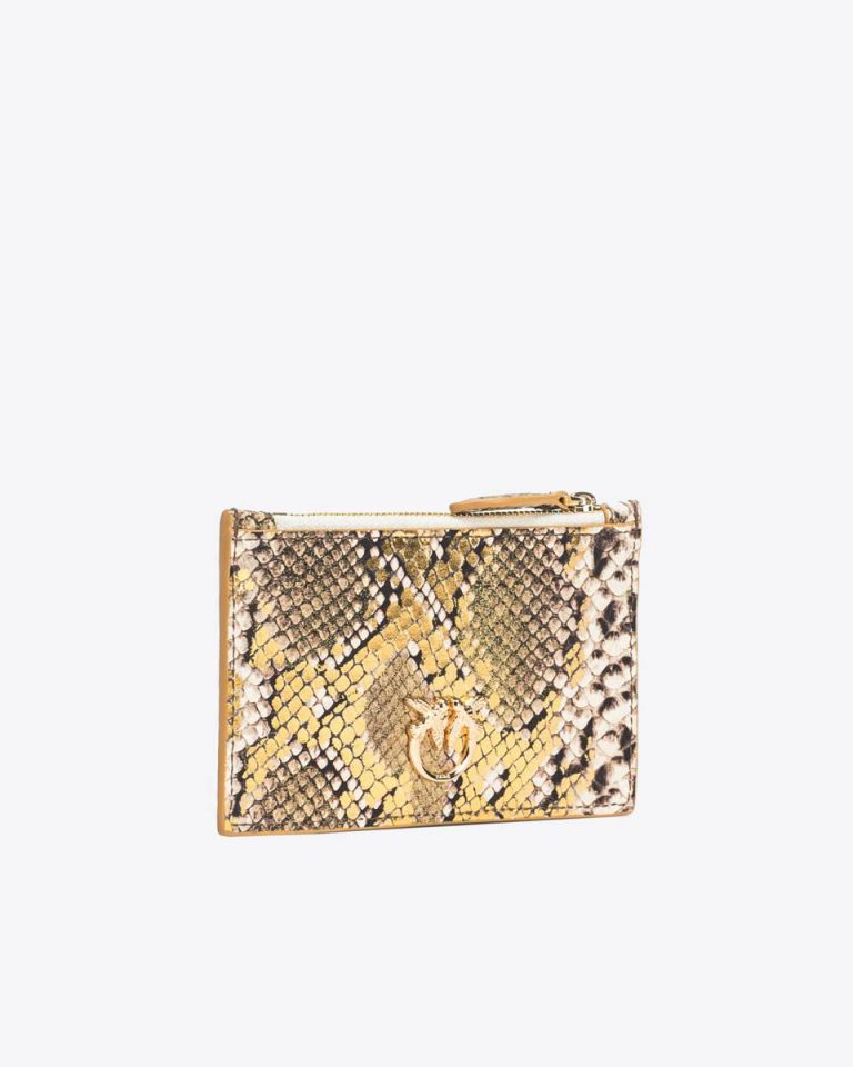 Pinko Galleria Card Holder In Laminated Reptile-Print Leather Gold/Grey-Gold Purses - Image 3