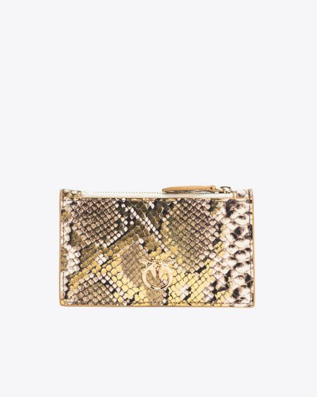Pinko Galleria Card Holder In Laminated Reptile-Print Leather Gold/Grey-Gold Purses
