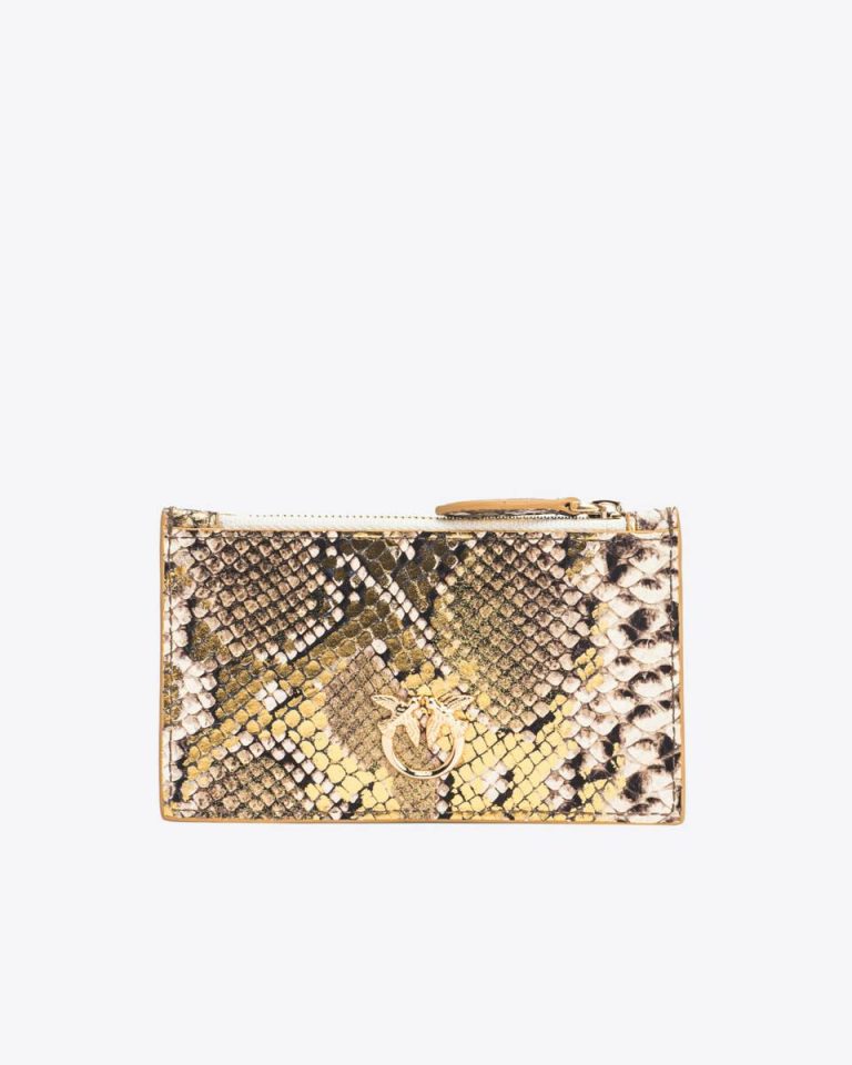 Pinko Galleria Card Holder In Laminated Reptile-Print Leather Gold/Grey-Gold Purses