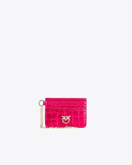 Pinko Galleria Card Holder In Shiny Coloured Croc-Print Leather Purses Pinko Pink-Light Gold