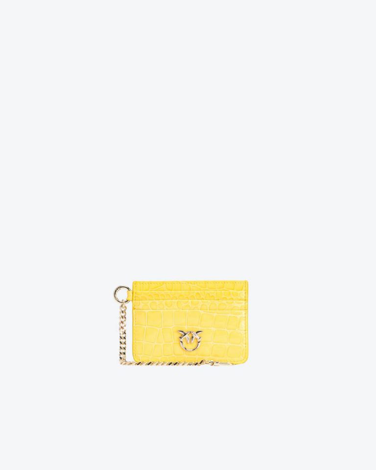 Pinko Galleria Card Holder In Shiny Coloured Croc-Print Leather Sun Yellow-Light Gold Leather Goods