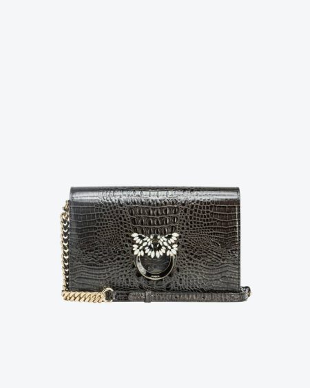 Pinko Galleria Classic Love Bag Click In Shiny Crocodile-Print Leather Black-Light Gold Crossbody Bags